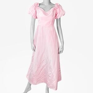 VTG 70s 80s Pink Prom Dress with Rosettes Women's S Satin Softgirl Hoco Pastel